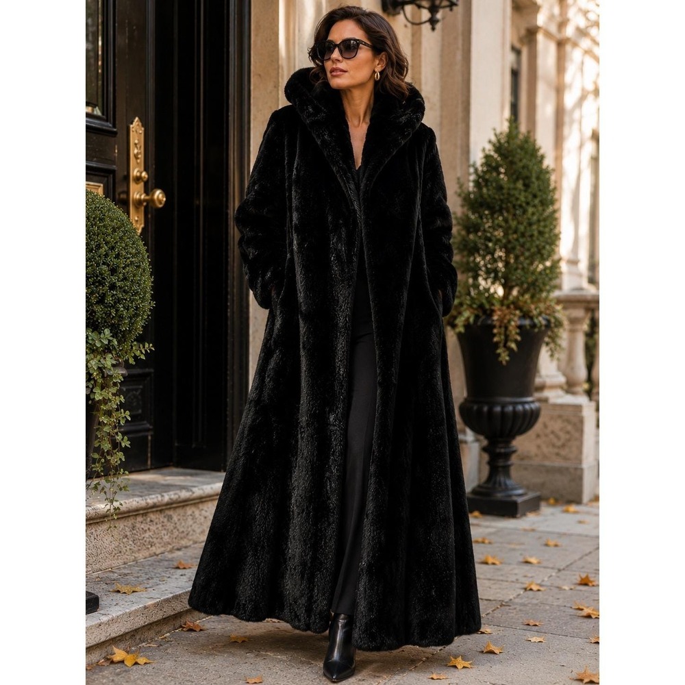 Tissavel France Faux Fur Coat Dark Brown Full Length Maxi Made in England Size M